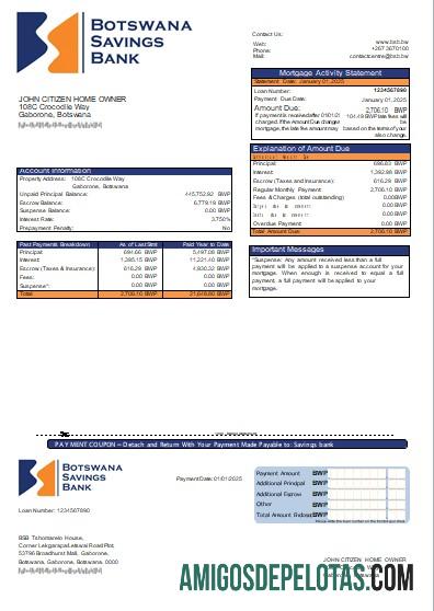 Extrato de hipoteca do Banco de Poupança do Botswana Scr exemplo real